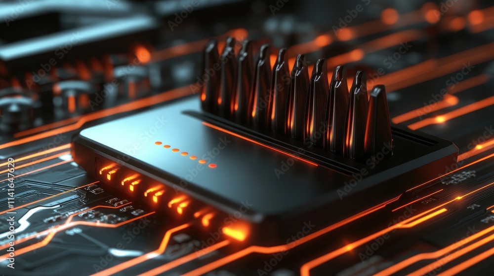 Aufkleber a black wi-fi router on a motherboard, with glowing signals emanating from it, representing advanced