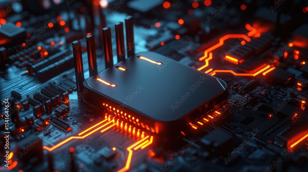 Aufkleber a black wi-fi router on a motherboard, with glowing signals emanating from it, representing advanced