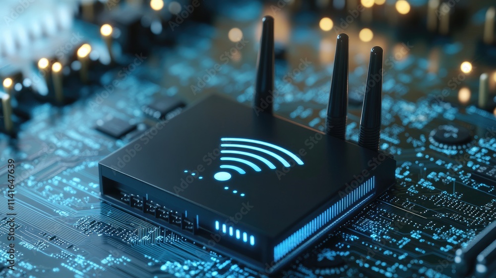 Poster a black wi-fi router on a motherboard with digital signals and data pathways, illustrating the techn