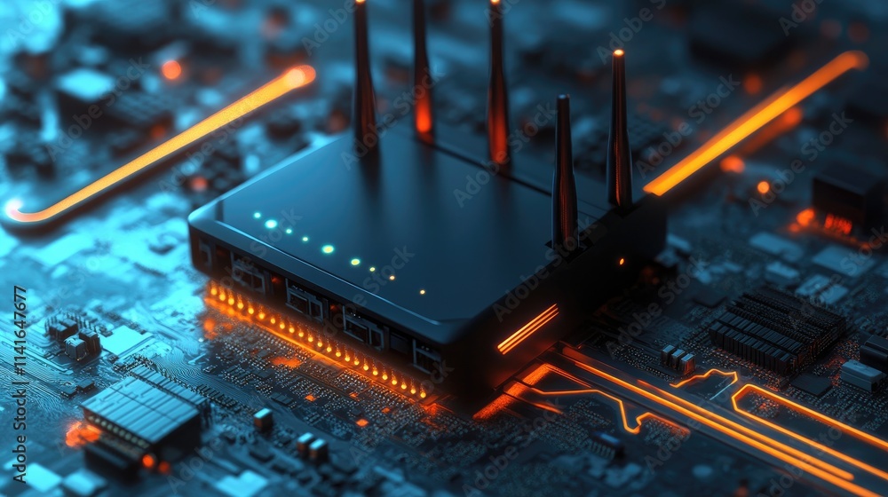 Poster A black Wi-Fi router on a motherboard, with glowing signals emanating from it, representing advanced internet connectivity and data flow.