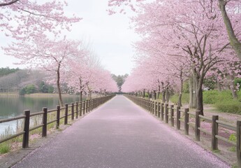 Serene Cherry Blossom Pathway with Lush Pink Trees Alongside a Calm Body of Water in a Tranquil Spring Landscape