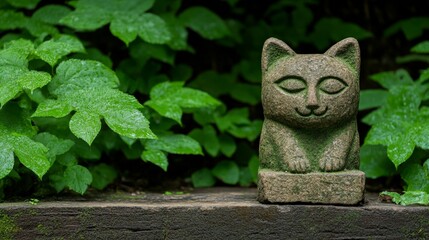 Obraz premium Serene Stone Cat Statue in Lush Garden