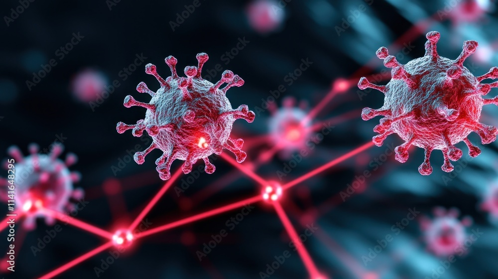 Poster digital illustration of viruses connected by lines in a dark background.