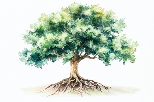A watercolor illustration of a broom tree with lush green foliage and roots.