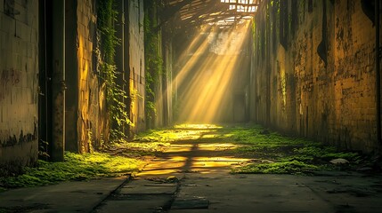 Fototapeta premium Sunbeams illuminate overgrown, derelict corridor.