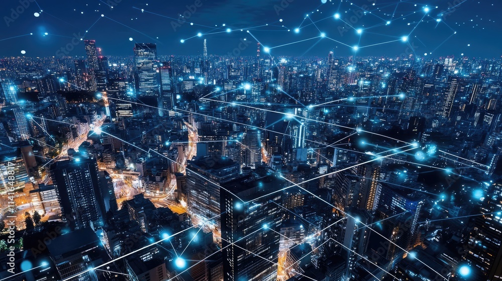 Poster A bustling city with visible wireless connections and data streams overlaid, representing the interconnectedness of modern urban spaces.