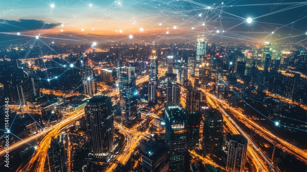 Poster A bustling city with visible wireless connections and data streams overlaid, representing the interconnectedness of modern urban spaces.