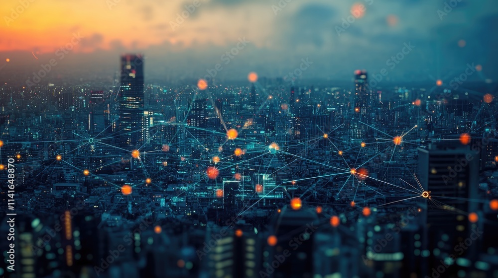 Poster A bustling city with visible wireless connections and data streams overlaid, representing the interconnectedness of modern urban spaces.