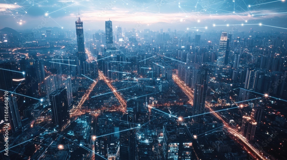 Poster A bustling city with visible wireless connections and data streams overlaid, representing the interconnectedness of modern urban spaces.