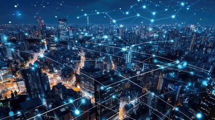 A bustling city with visible wireless connections and data streams overlaid, representing the interconnectedness of modern urban spaces.