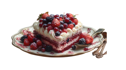 A luscious cake with red and white filling, topped with berries, on an elegant white and gold plate.