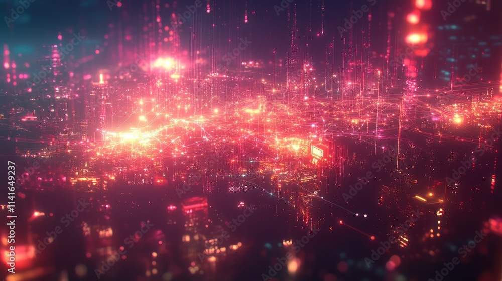 Poster a city illuminated by wireless connections, with glowing data streams overlaid to symbolize the digi