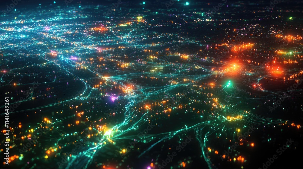 Poster a city illuminated by wireless connections, with glowing data streams overlaid to symbolize the digi