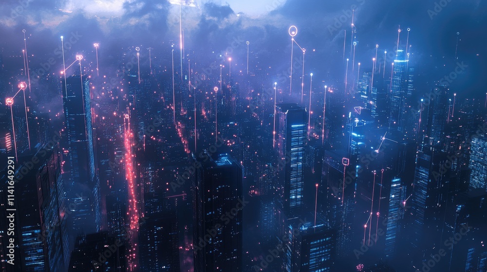 Poster A city skyline from above with digital connectivity icons overlaid, symbolizing modern smart city infrastructure and data-driven communication.