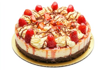 Tasty cheesecake with strawberry on white background 