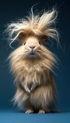 A fluffy guinea pig with wild hair, standing upright against a blue background.