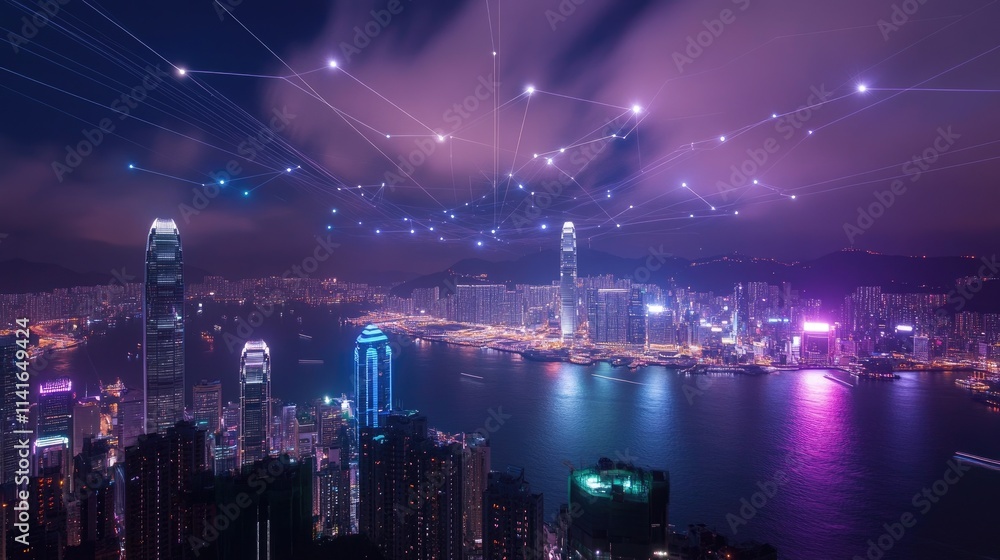 Poster a city skyline illuminated by digital connection lines, symbolizing wireless communication and the g