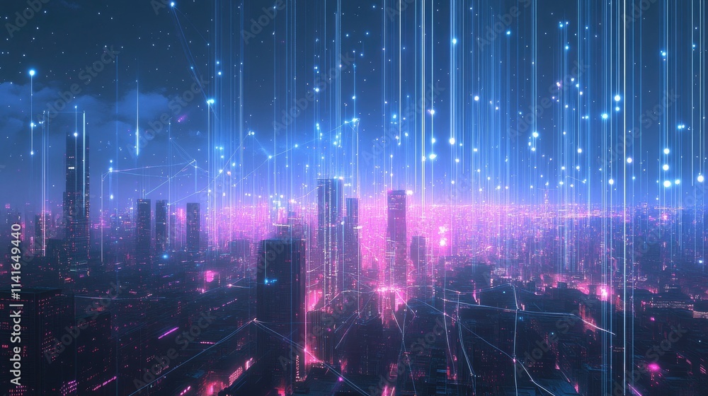 Poster a city skyline illuminated by digital connection lines, symbolizing wireless communication and the g