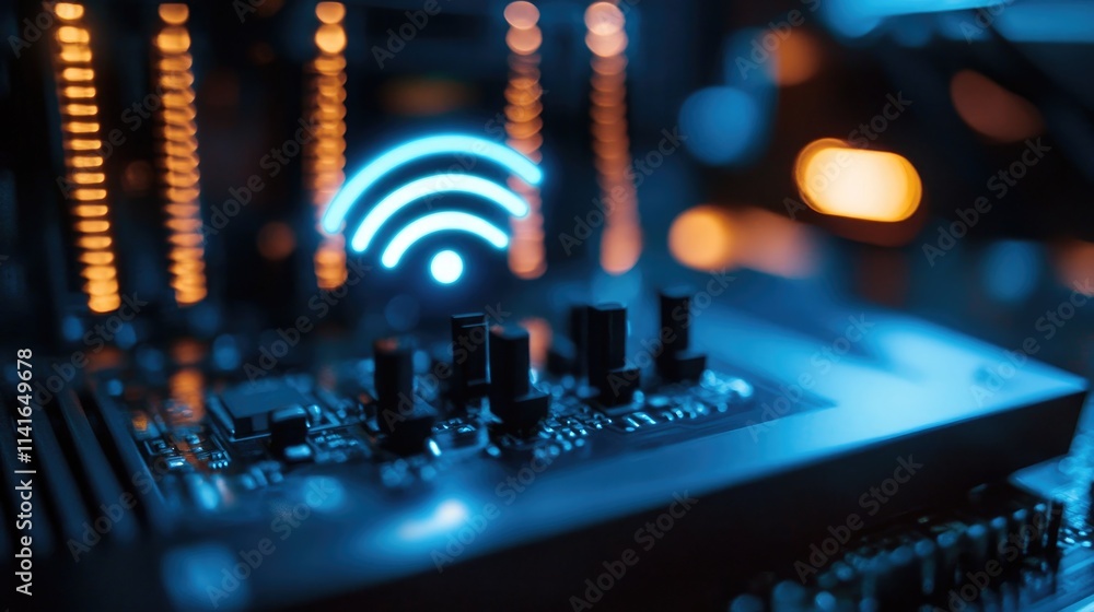 Poster a close-up of a black wi-fi router emitting wireless signals above a motherboard, symbolizing modern