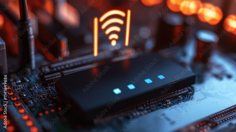 Poster a close-up of a black wi-fi router emitting wireless signals above a motherboard, symbolizing modern