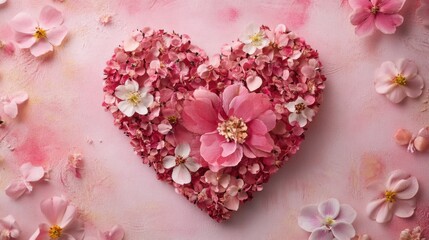 a heart shaped arrangement of flowers on a pink background