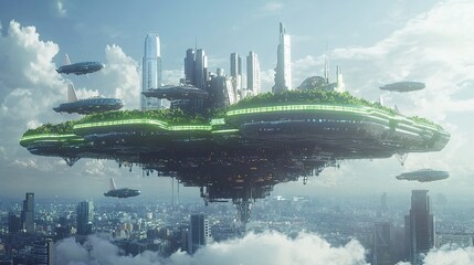 Futuristic floating island city above clouds, showcasing advanced technology and sustainable urban design.