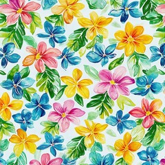 A vibrant pattern of colorful flowers in shades of pink, blue, and yellow, perfect for a cheerful spring mood.