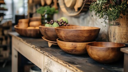 Fototapeta premium Handcrafted wooden bowls on display in a cozy rustic kitchen