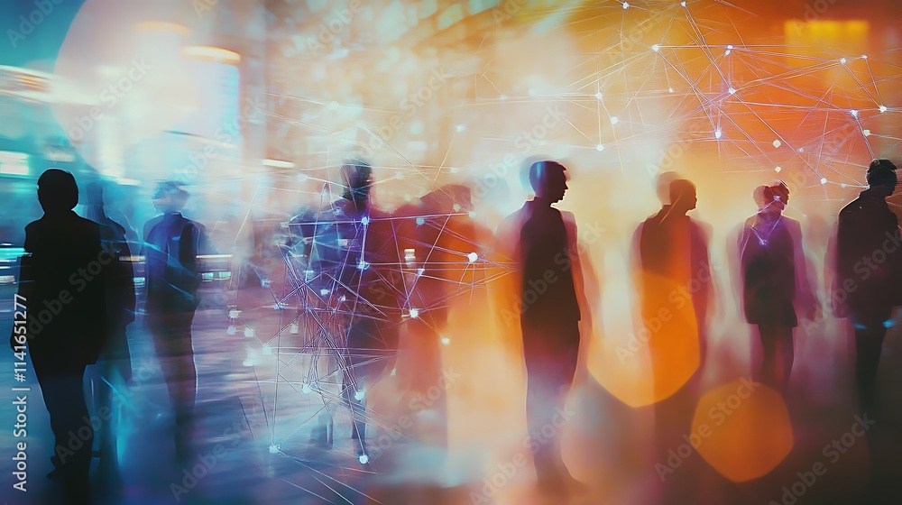 Poster silhouette of people on white background and data nodes, communication web design and internet relat