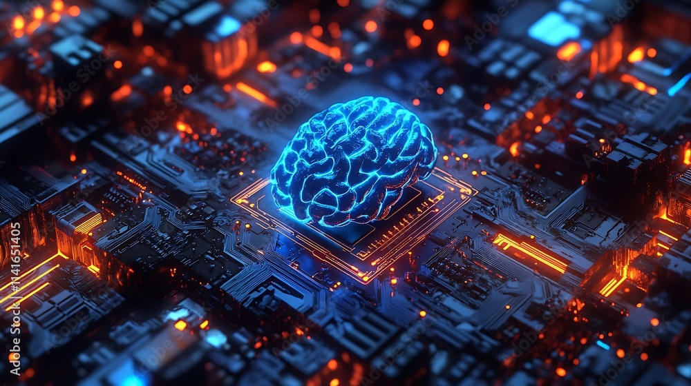 Poster blue brain on a microchip board, hash board high technology design, computer and graphical resources
