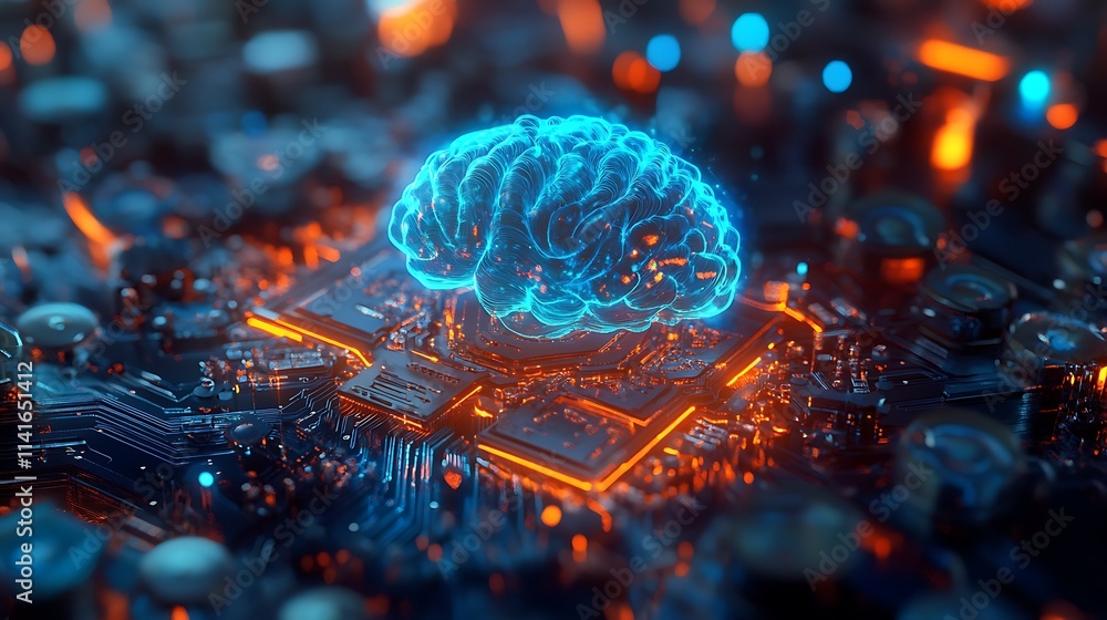Aufkleber blue brain on a microchip board, hash board high technology design, computer and graphical resources