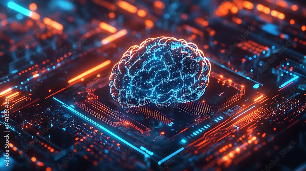 Aufkleber blue brain on a microchip board, hash board high technology design, computer and graphical resources