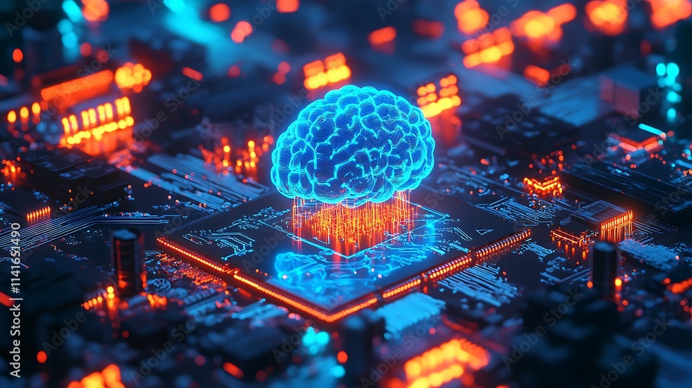 Poster blue brain on a microchip board, hash board high technology design, computer and graphical resources