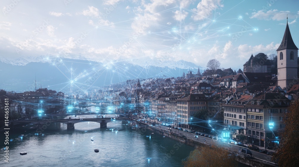 Poster a digital illustration of a 5g mobile telecommunication network with high-speed data transmission, o