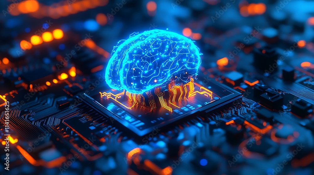 Poster blue brain on a microchip board, hash board high technology design, computer and graphical resources
