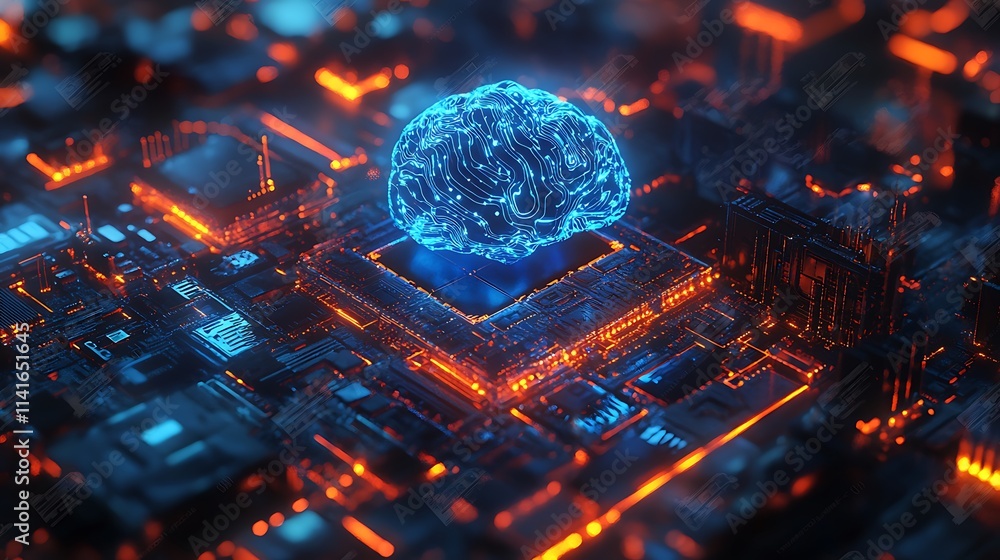 Poster blue brain on a microchip board, hash board high technology design, computer and graphical resources