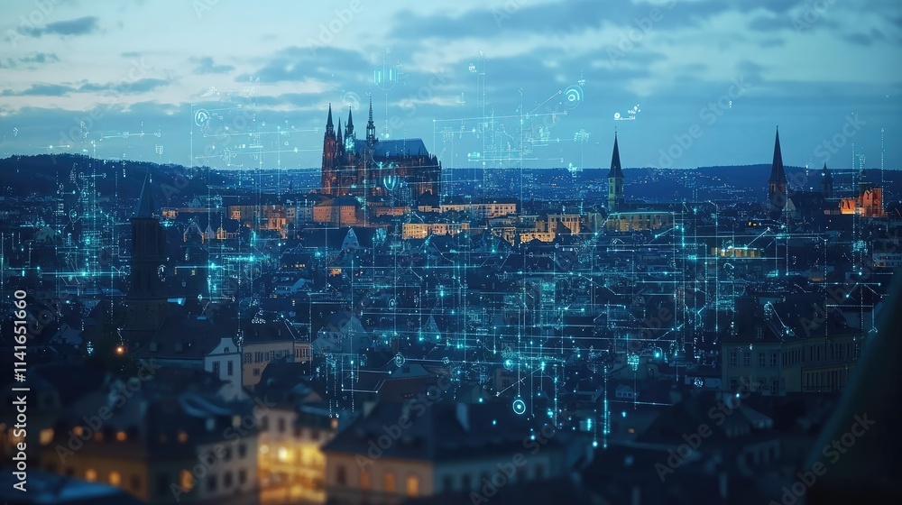 Poster a digital illustration of a 5g mobile telecommunication network with high-speed data transmission, o