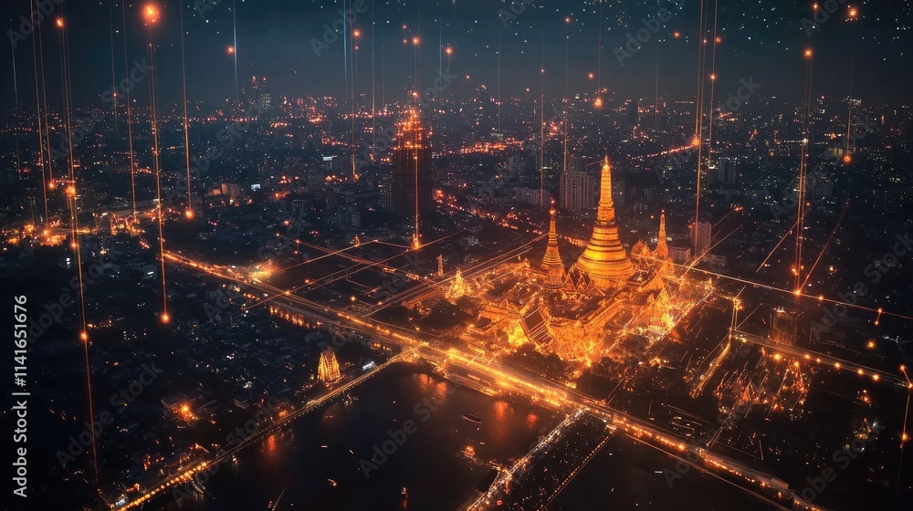 Poster a digital network map over bangkok city, showcasing 5g connectivity and wireless data flow, illustra