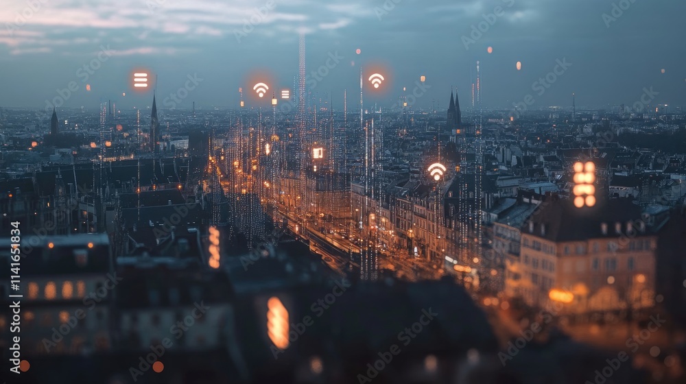Poster a digital network view of a european city with 5g mobile telecommunication signals providing fast da