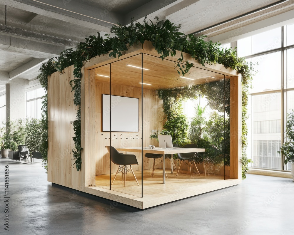 Poster stylish modern workspace with abundant greenery, creating a tranquil atmosphere for collaboration an