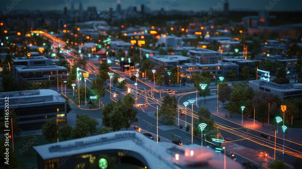 Poster a digital view of a modern city with wireless network connections shown as glowing lines and signals