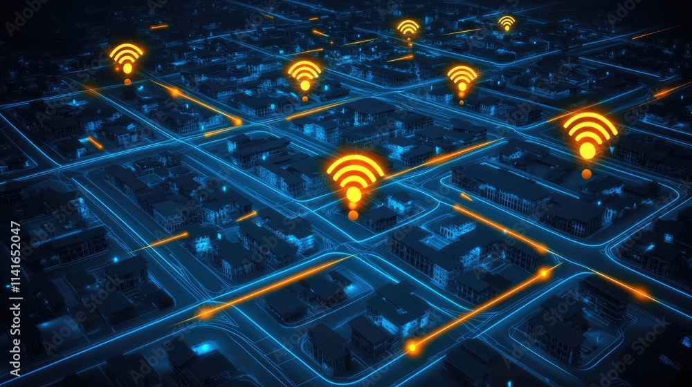 Poster a digital view of a modern city with wireless network connections shown as glowing lines and signals