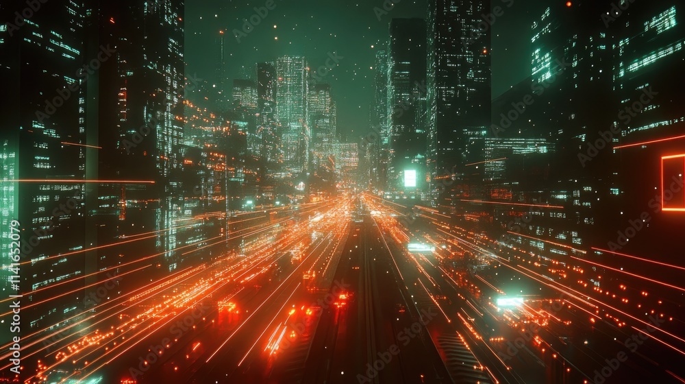 Poster a digital view of a modern city with wireless network connections shown as glowing lines and signals