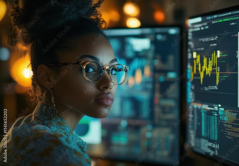 Poster thoughtful young woman focuses on data analysis while working late at night in a modern office, surr