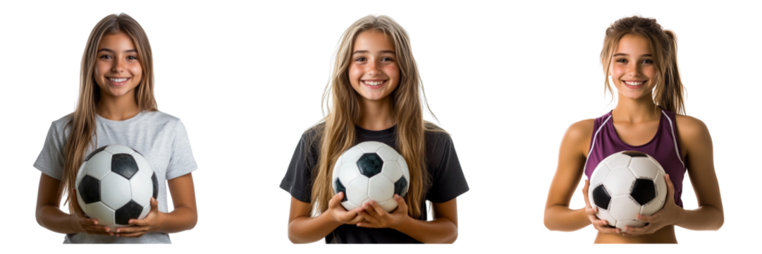 Set of young girl in a sports cloth holding a soccer ball with smiling isolated on a transparent background - Powered by Adobe