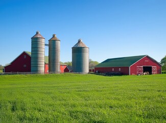 Tranquil Countryside Farm Scene with Red Barn and Silos Set Against Clear Blue Sky and Lush Green Grass in a Serene Rural Landscape