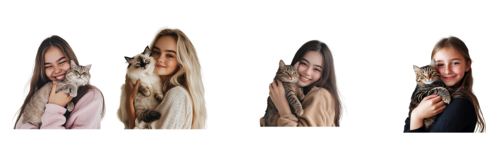 Set of girl holding a cat and smiling isolated on a transparent background