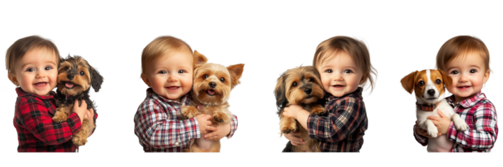 Set of baby in a plaid shirt holding a dog and smiling isolated on a transparent background
