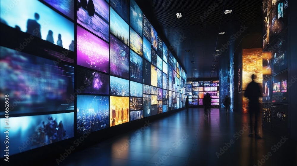 Aufkleber a dynamic multimedia wall with video screens displaying various content, ideal for illustrating digi
