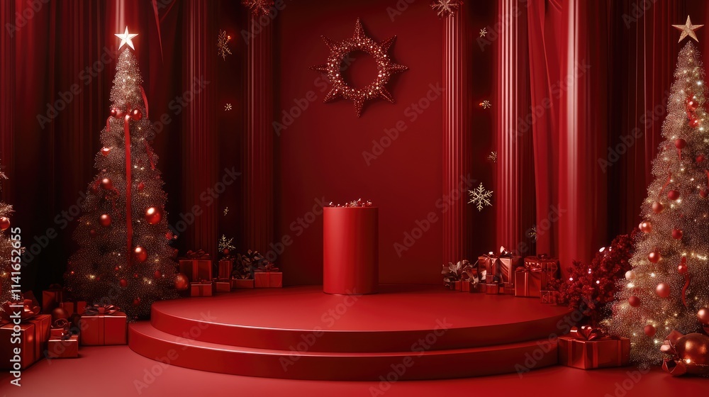 Poster a festive red room with a christmas-themed red podium, creating the ideal backdrop for showcasing pr